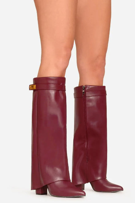 Wine Pu Fold Over Buckle Detail Knee High Shark Boots