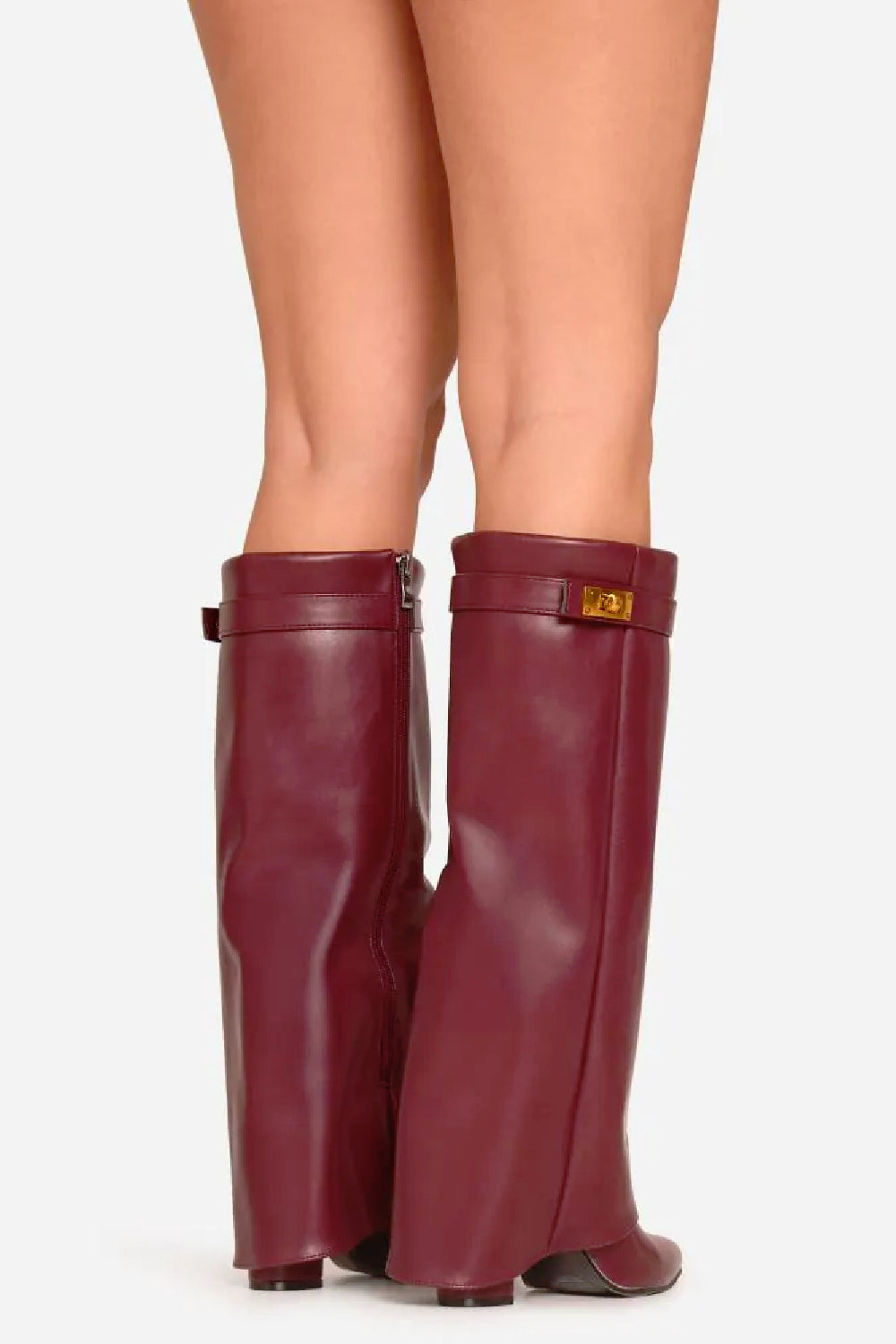 Wine Pu Fold Over Buckle Detail Knee High Shark Boots