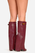 Wine Pu Fold Over Buckle Detail Knee High Shark Boots
