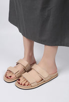 DOUBLE STRAP FLAT SLIDER SANDALS IN BEIGE