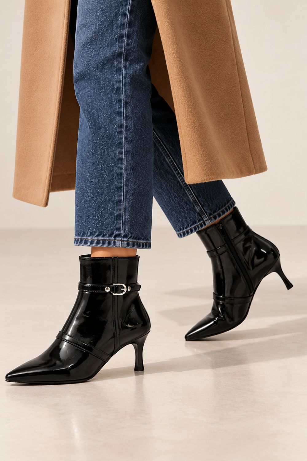 Black High Shine Buckle Detail Kitten Heel Ankle Boots | wholesale