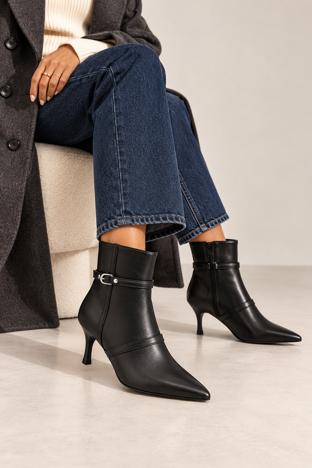 Black Pu Buckle Detail Kitten Heel Ankle Boots | wholesale