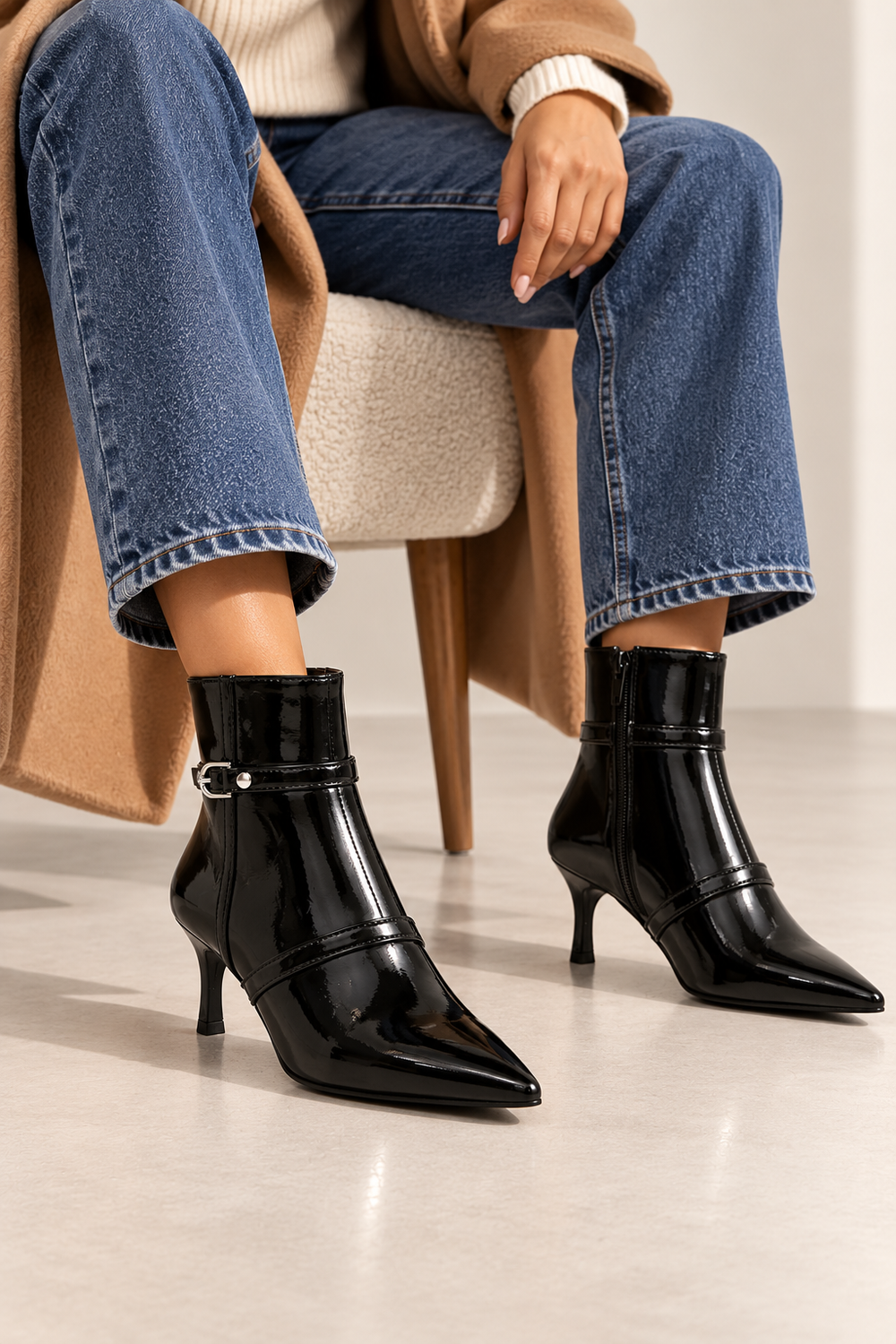 Black High Shine Buckle Detail Kitten Heel Ankle Boots | wholesale