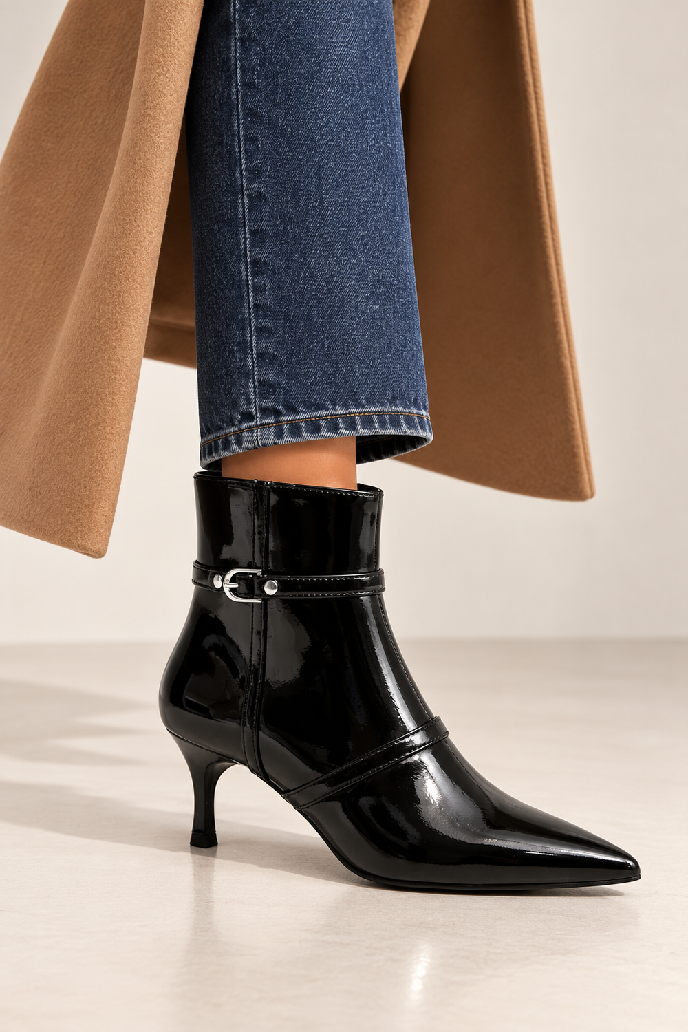 Black High Shine Buckle Detail Kitten Heel Ankle Boots | wholesale