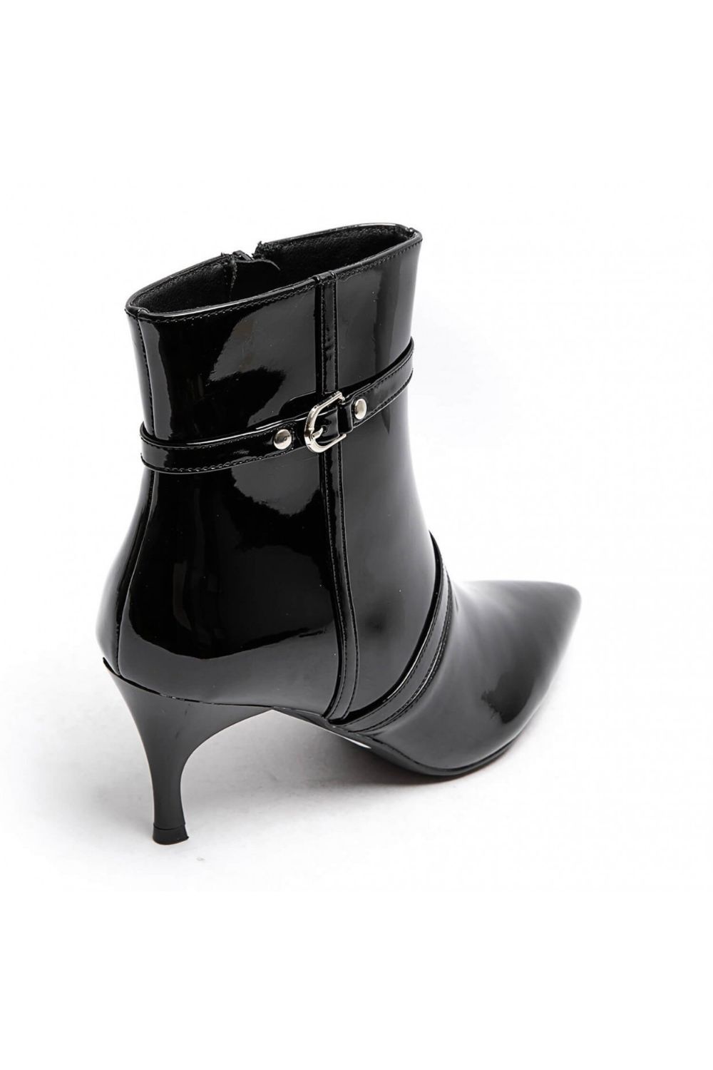 Black High Shine Buckle Detail Kitten Heel Ankle Boots | wholesale