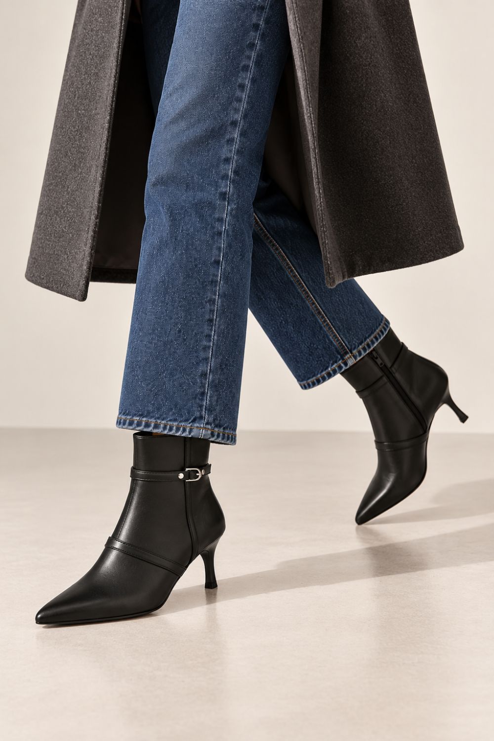 Black Pu Buckle Detail Kitten Heel Ankle Boots | wholesale