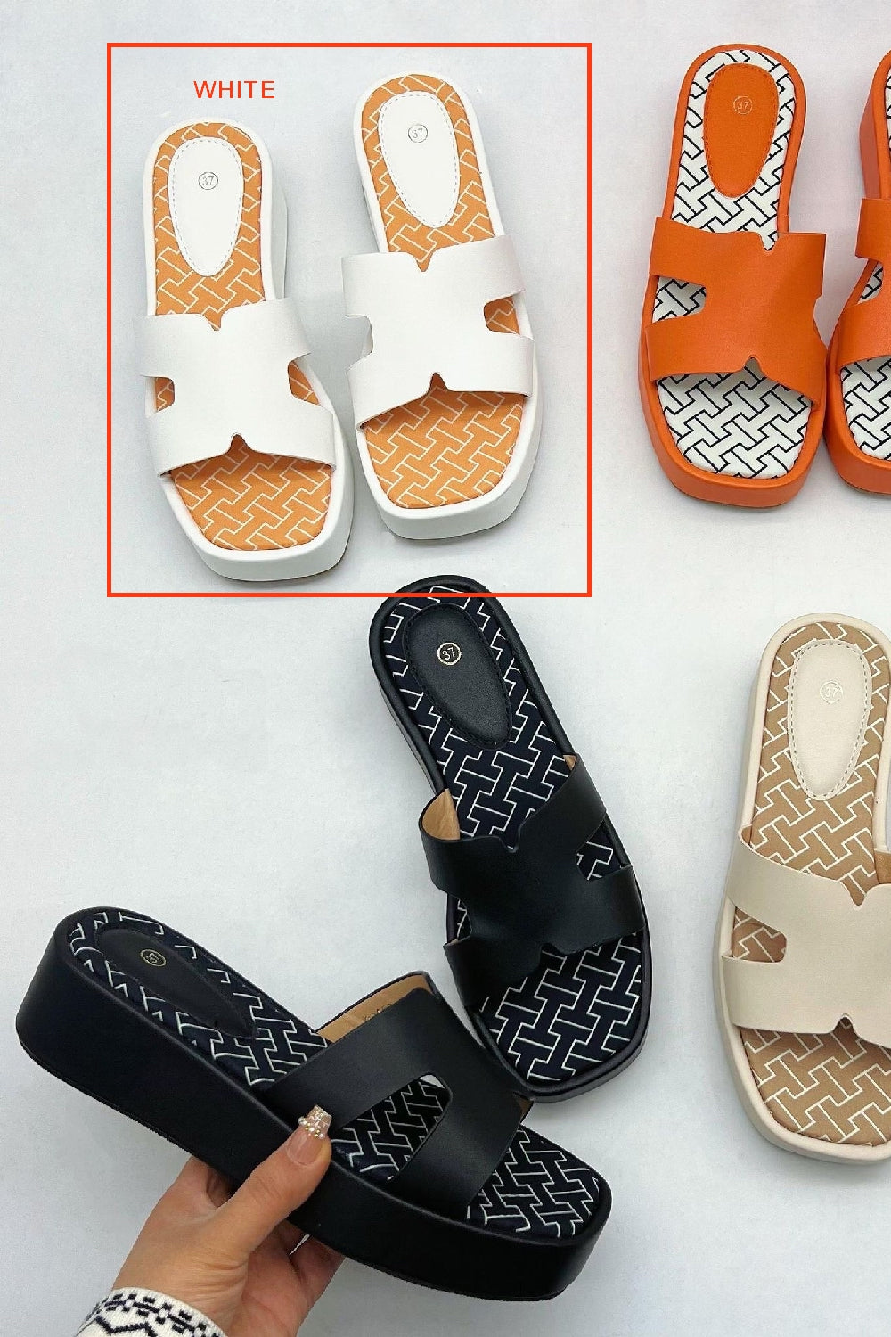 WHITE CUT OUT DETAIL LOW WEDGE FLAT SLIP ON SUMMER FLATFORM SANDALS