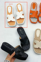 WHITE CUT OUT DETAIL LOW WEDGE FLAT SLIP ON SUMMER FLATFORM SANDALS