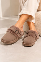 Cozy Taupe furry buckle Mule Slippers | Wholesale