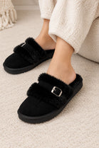 Cozy Black furry buckle Mule Slippers | Wholesale