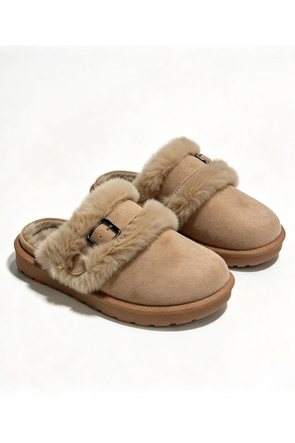 Cozy Khaki furry buckle Mule Slippers | Wholesale