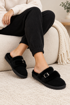 Cozy Black furry buckle Mule Slippers | Wholesale