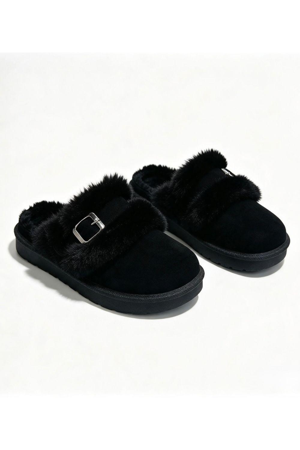 Cozy Black furry buckle Mule Slippers | Wholesale