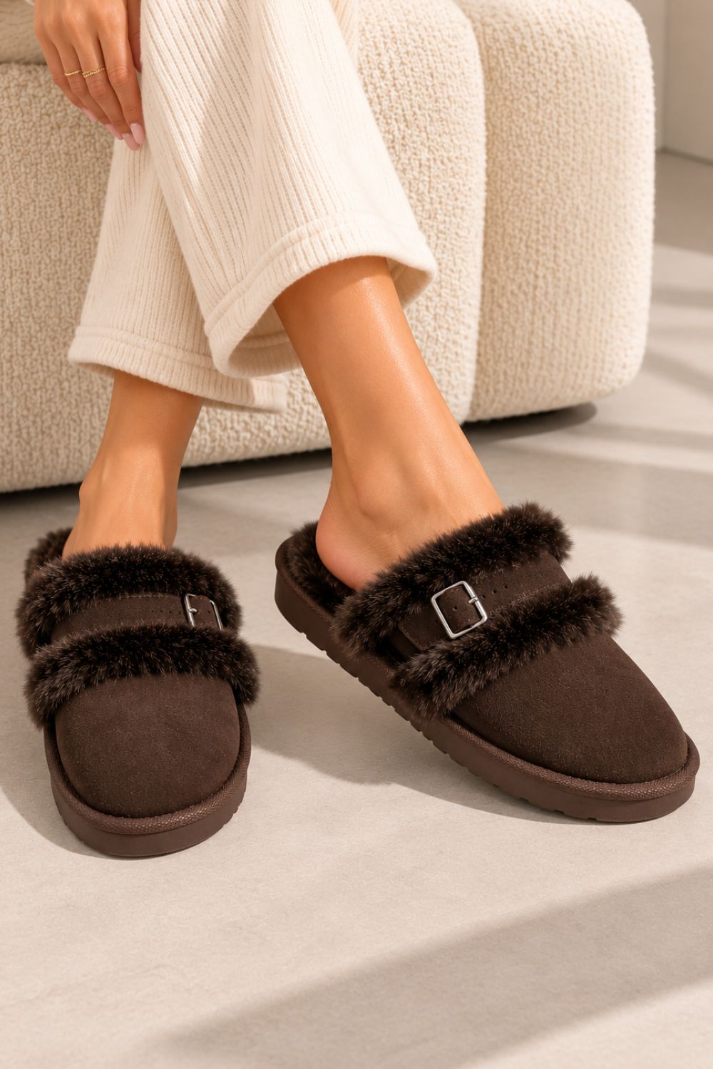 Cozy Brown furry buckle Mule Slippers | Wholesale