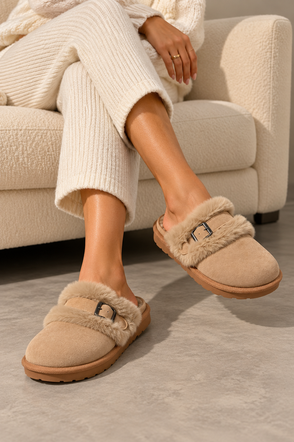 Cozy Khaki furry buckle Mule Slippers | Wholesale