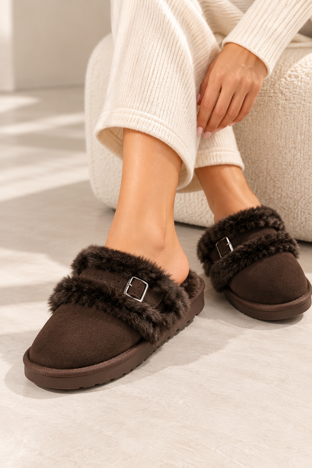 Cozy Brown furry buckle Mule Slippers | Wholesale