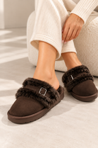 Cozy Brown furry buckle Mule Slippers | Wholesale
