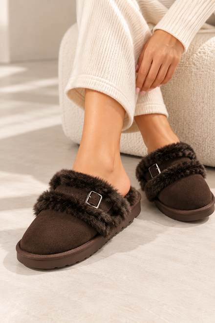 Cozy Brown furry buckle Mule Slippers | Wholesale