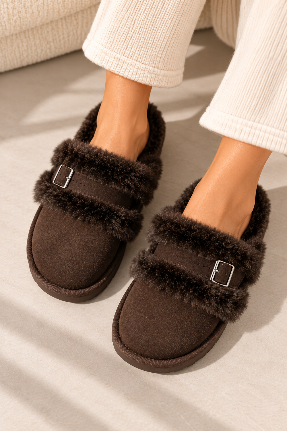 Cozy Brown furry buckle Mule Slippers | Wholesale