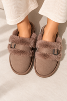 Cozy Taupe furry buckle Mule Slippers | Wholesale