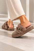 Cozy Taupe furry buckle Mule Slippers | Wholesale