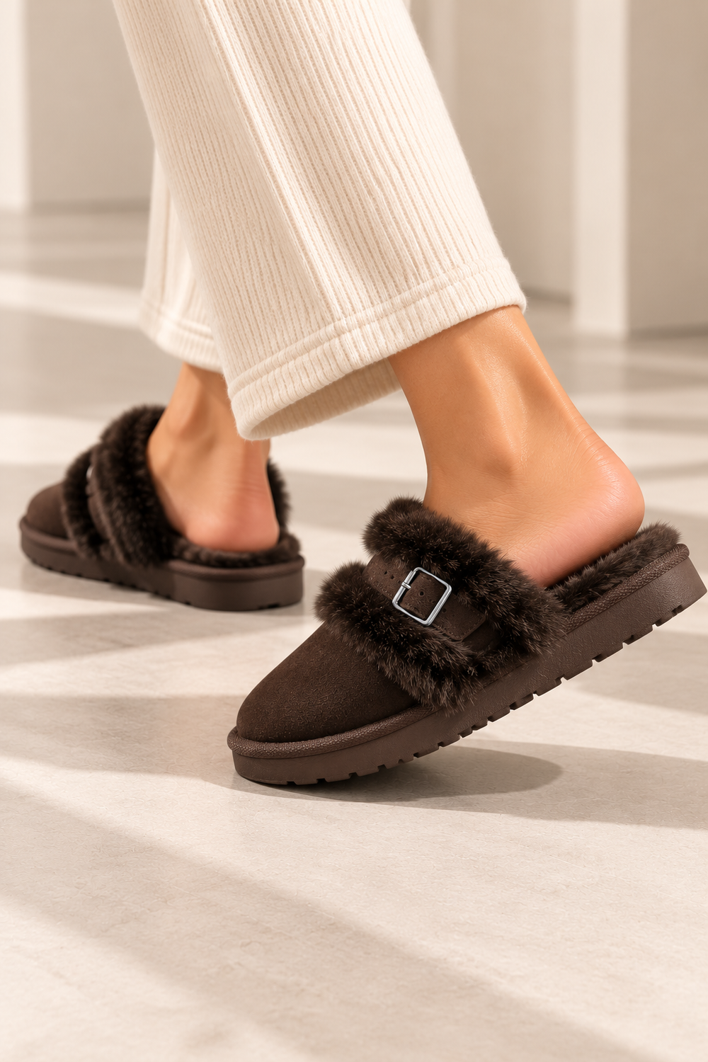 Cozy Brown furry buckle Mule Slippers | Wholesale
