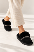 Faux Fur Trim Mule Slippers in Black | Wholesale
