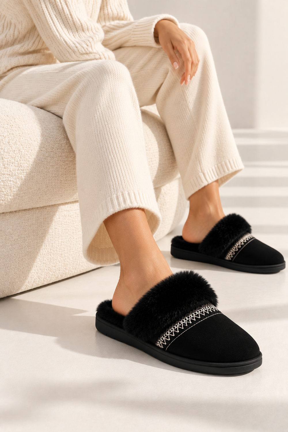 Faux Fur Trim Mule Slippers in Black | Wholesale