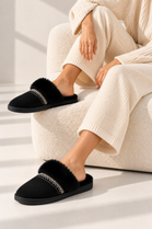 Faux Fur Trim Mule Slippers in Black | Wholesale