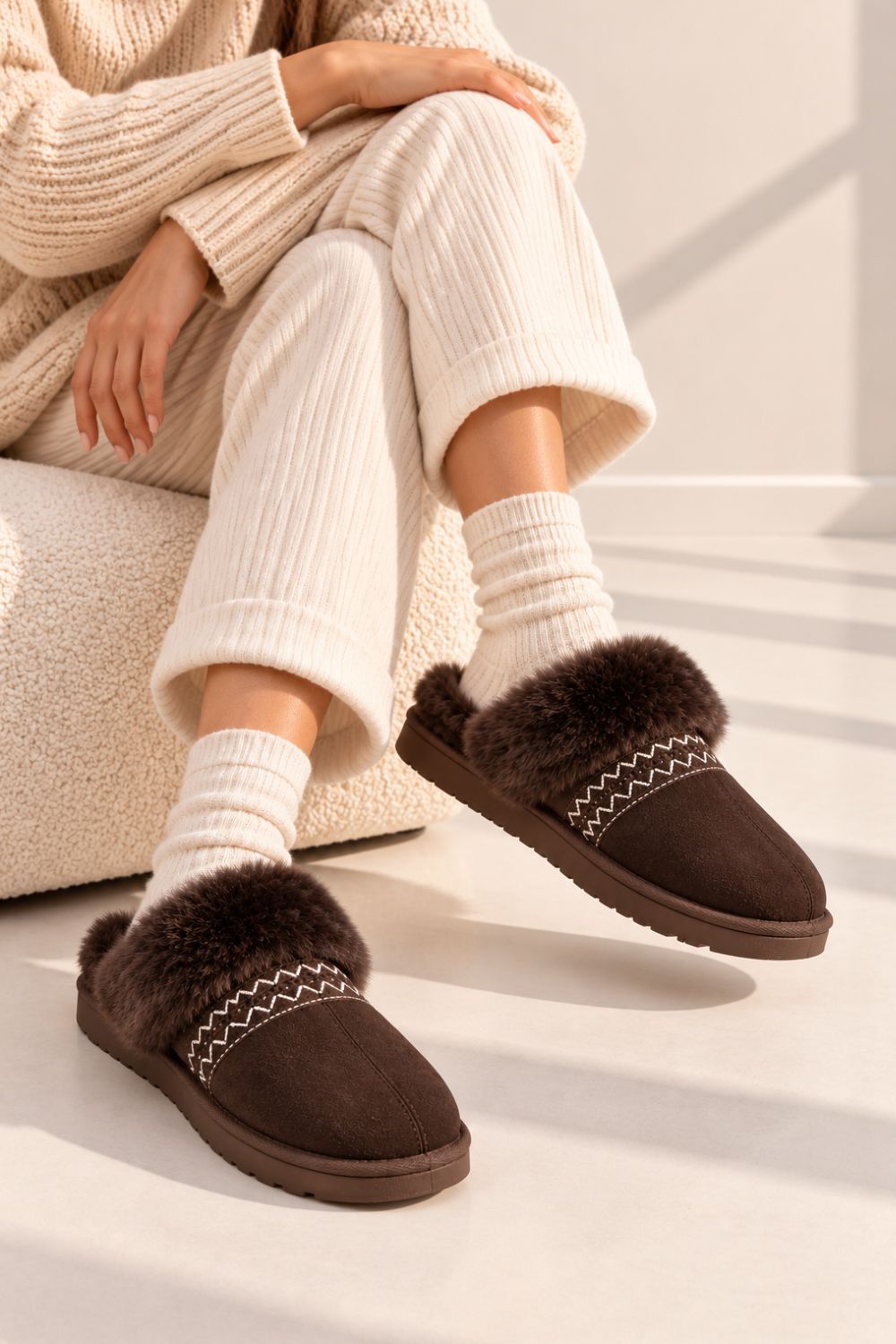 Faux Fur Trim Mule Slippers in Brown | Wholesale
