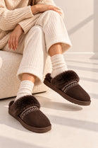 Faux Fur Trim Mule Slippers in Brown | Wholesale