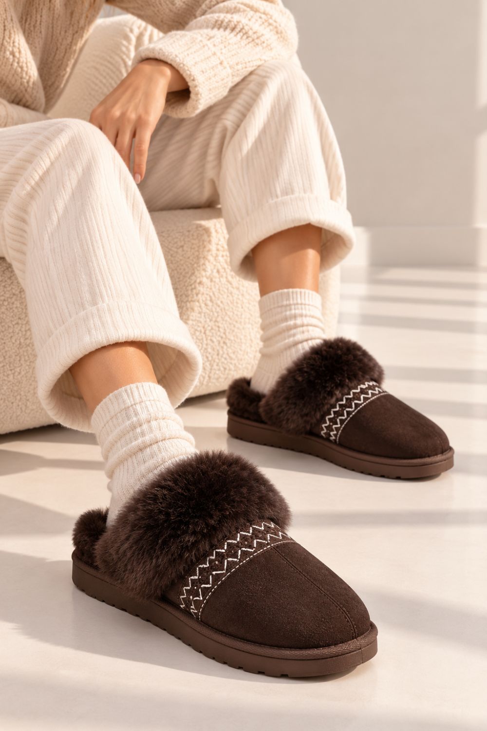 Faux Fur Trim Mule Slippers in Brown | Wholesale