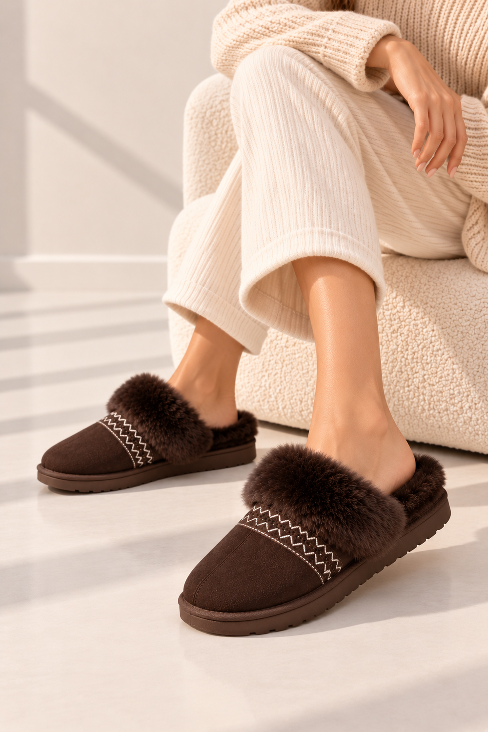 Faux Fur Trim Mule Slippers in Brown | Wholesale