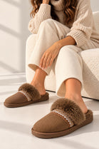 Faux Fur Trim Mule Slippers in Mocha | Wholesale