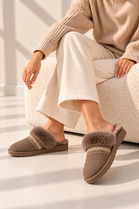 Faux Fur Trim Mule Slippers in Taupe | Wholesale