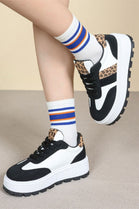 WOMEN'S THICK SOLE LEOPARD PRINT PATCHWORK BLACK TRAINERS