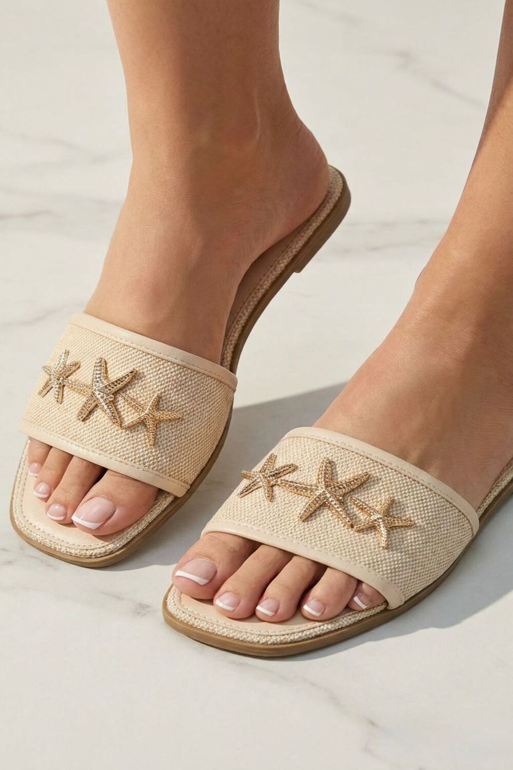 Metallic Starfish Canvas Beige Sliders – Premium Summer Footwear