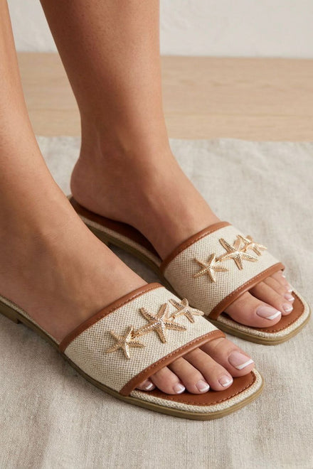Metallic Starfish Canvas Camel Sliders – Premium Summer Footwear