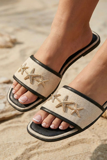 Metallic Starfish Canvas Black Sliders – Premium Summer Footwear