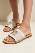 Beige Canvas Open Toe Slides with White Piping