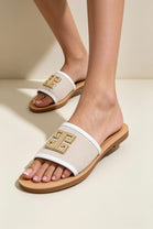Beige Canvas Open Toe Slides with White Piping