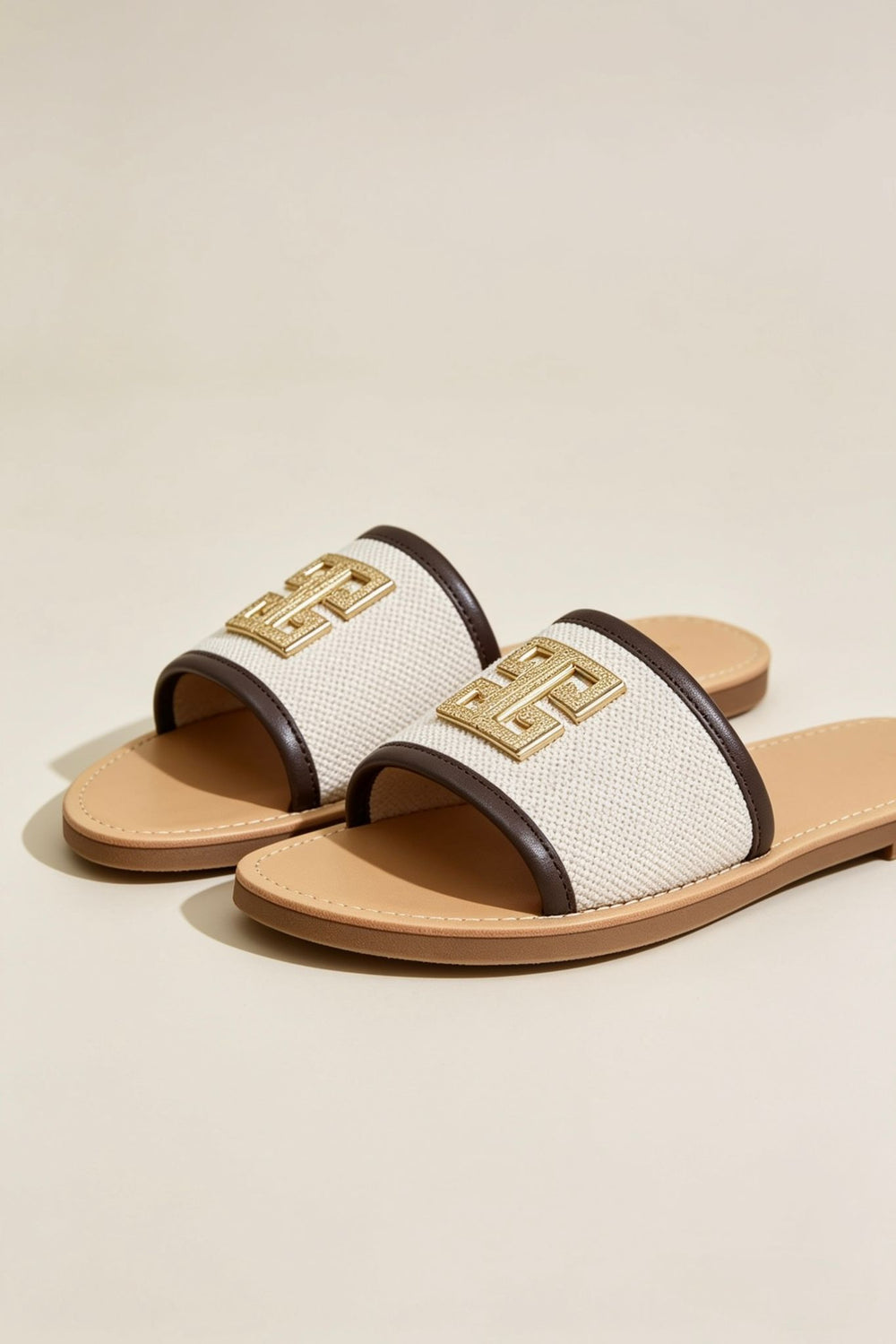 Beige Canvas Open Toe Slides with Brown Piping