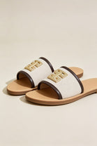 Beige Canvas Open Toe Slides with Brown Piping