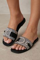 Rhinestone D-Buckle Flat Slide Sandals In Black