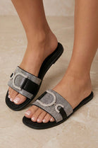 Rhinestone D-Buckle Flat Slide Sandals In Black