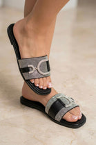Rhinestone D-Buckle Flat Slide Sandals In Black