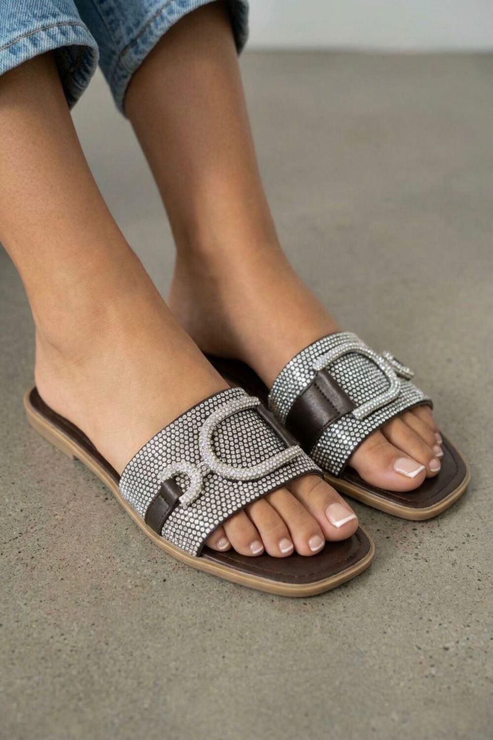 Rhinestone D-Buckle Flat Slide Sandals In Brown