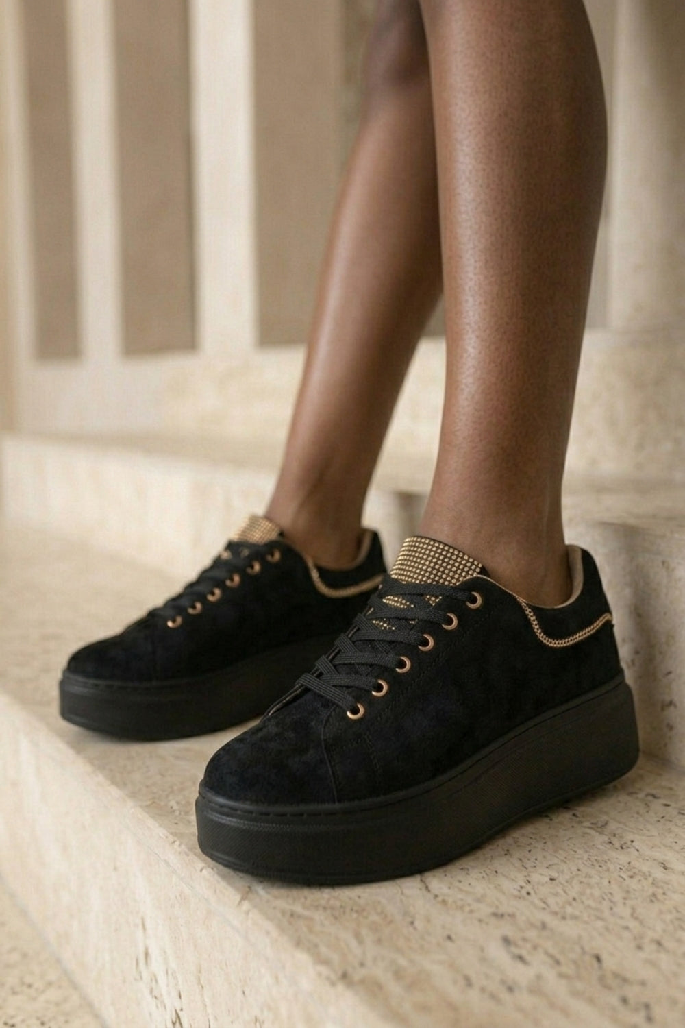 Women's Premium Black Suede Platform Trainers with Rhinestone Accent