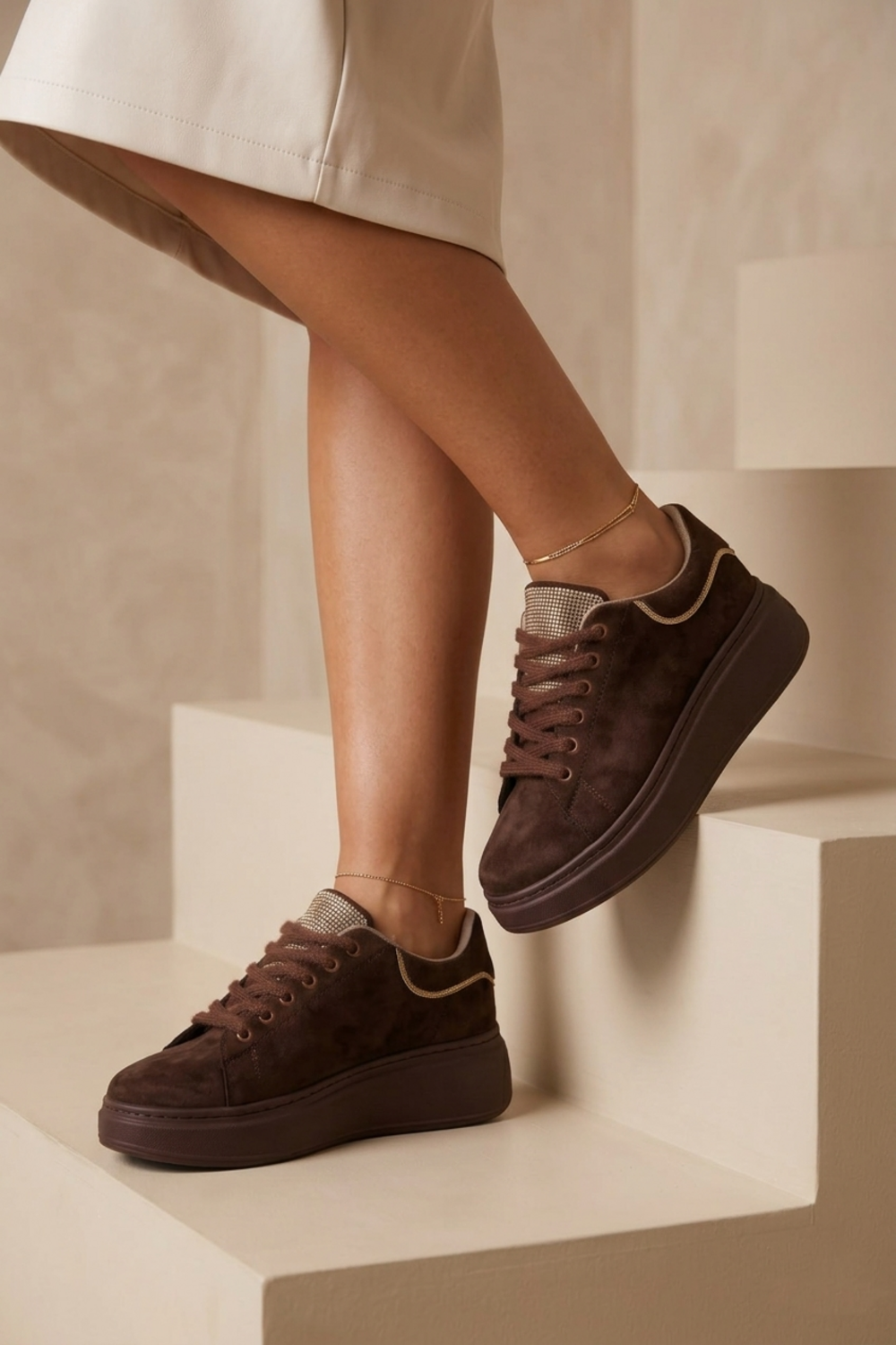 Women's Premium Brown Suede Platform Trainers with Rhinestone Accent