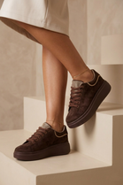 Women's Premium Brown Suede Platform Trainers with Rhinestone Accent